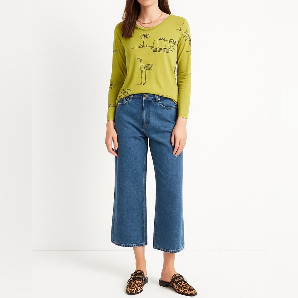 CHICO’S Safari Line Drawing Long Sleeve Tee | Medium | Green | Artsy Boho